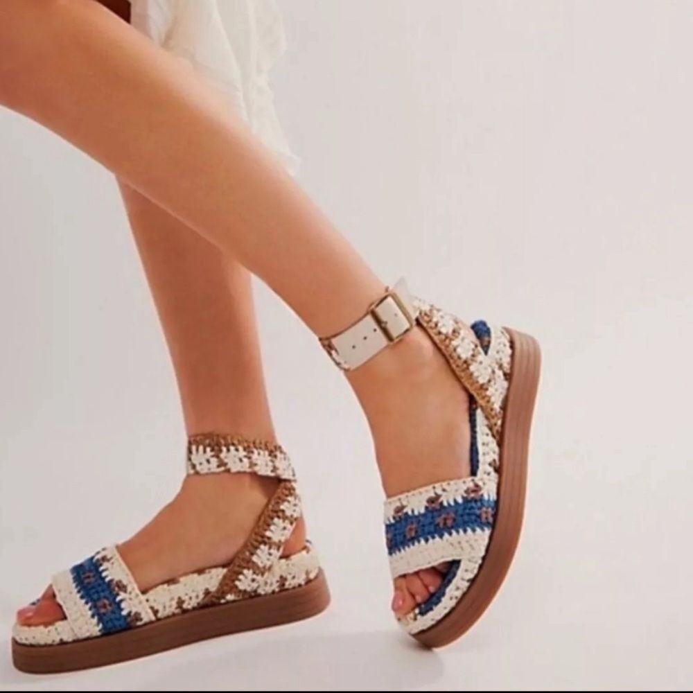 Free People Cream and Blue Crochet Platform Sandals